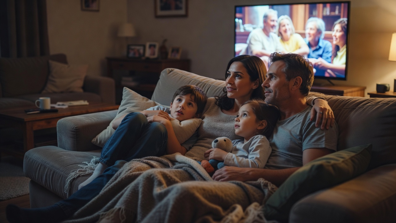 Family sitting together on a sofa watching a film on a large television in the evening