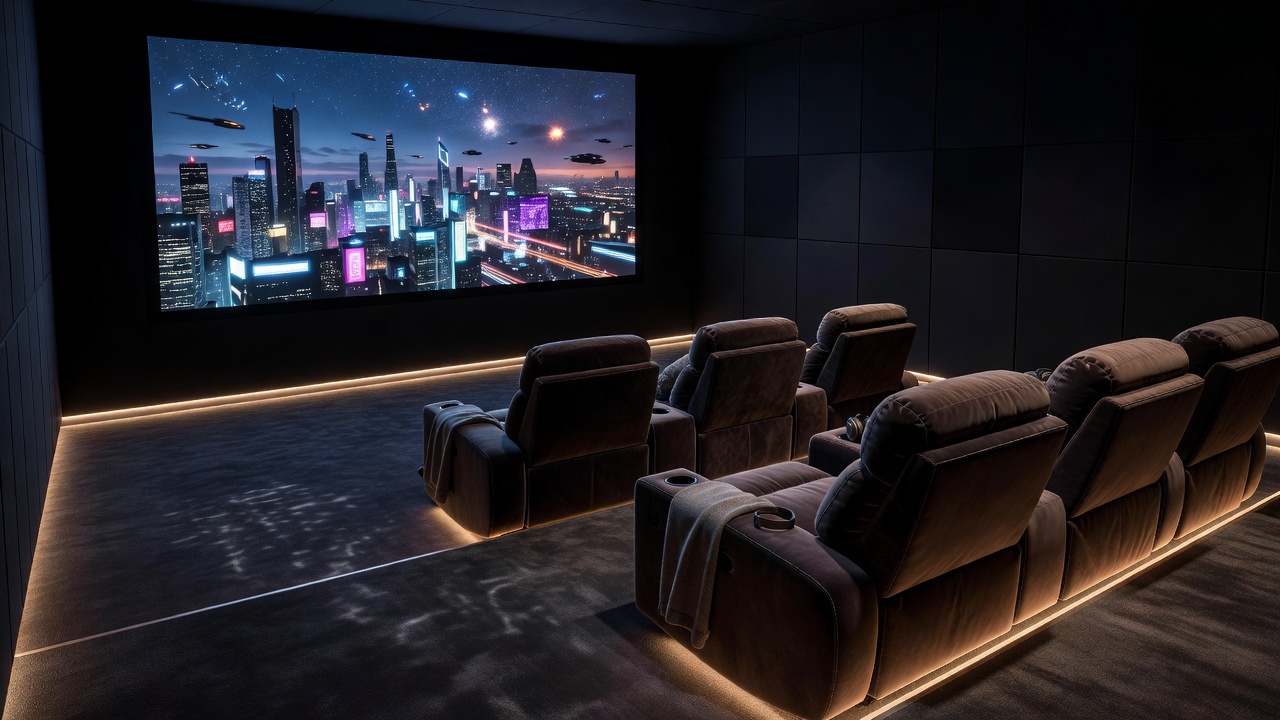 Comfortable home cinema room with dimmed lights and a large screen
