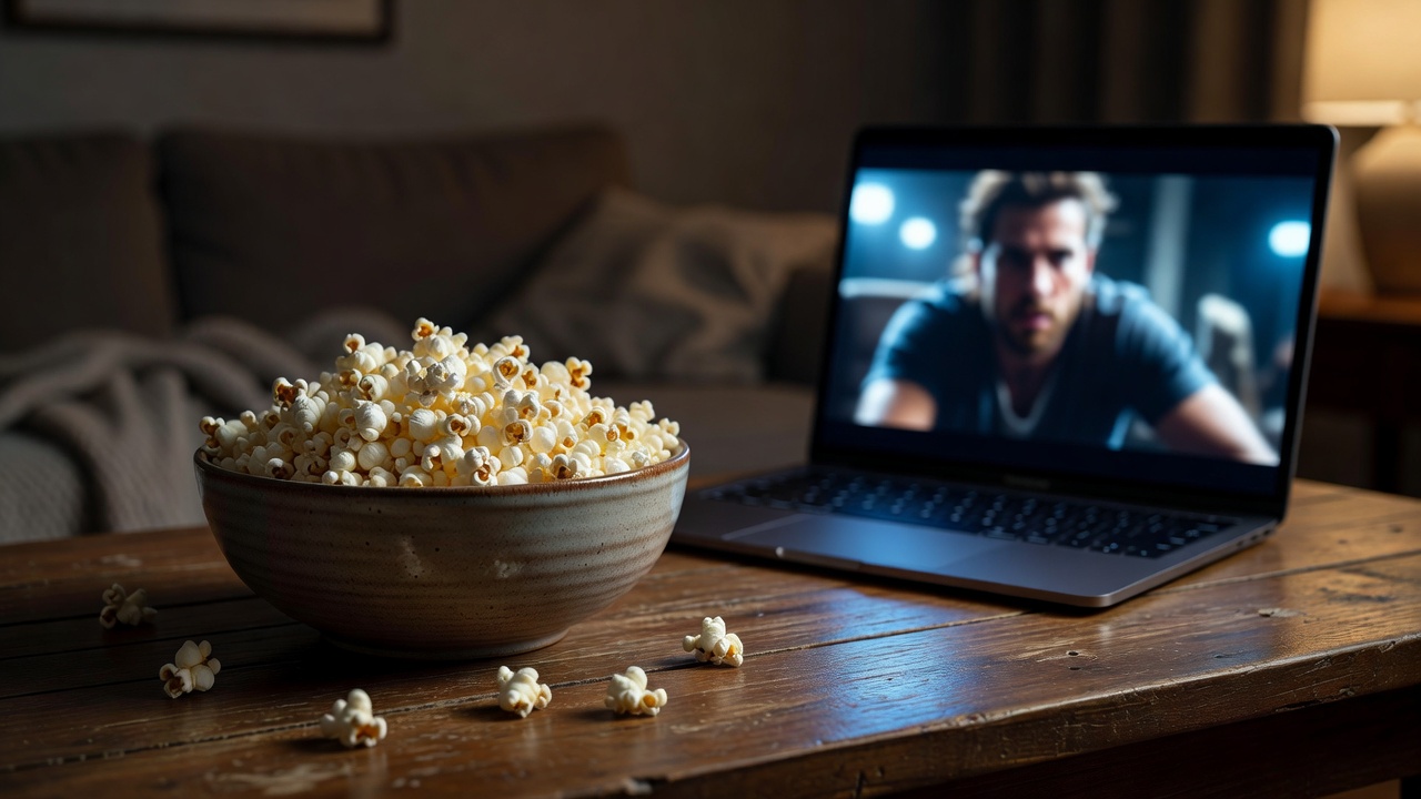 Bowl of popcorn beside an open laptop showing a film on a wooden table