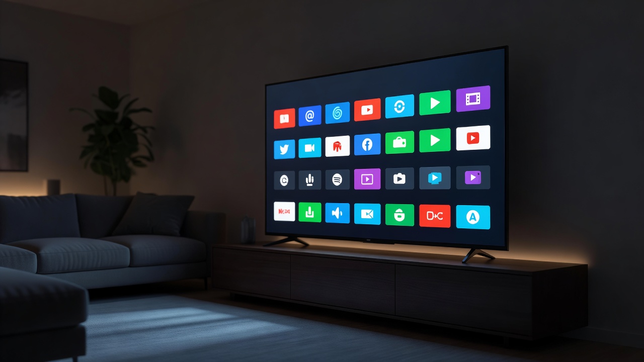 Smart television showing a grid of streaming app tiles in a dimly lit living room