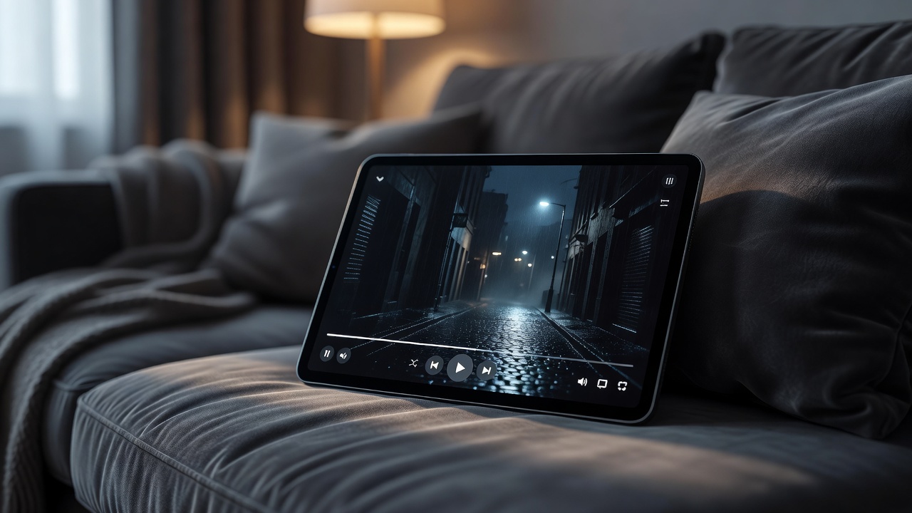 Tablet resting on a sofa cushion displaying a paused film in a video player app