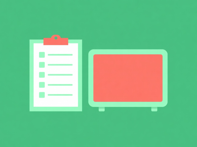 Flat vector illustration of a checklist clipboard beside a television in green, coral and mint