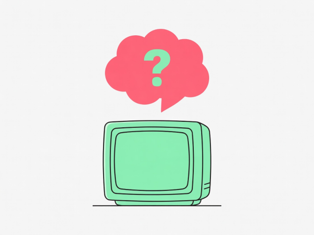 Flat vector illustration of a speech bubble with a question mark above a television in mint and coral