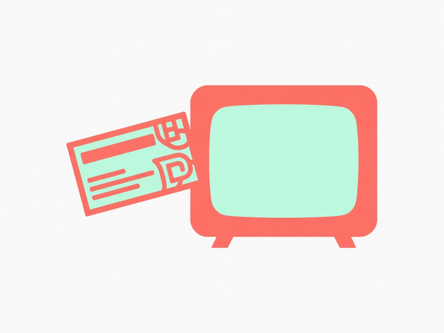 Flat vector illustration of a membership card floating beside a television screen in coral and pale mint