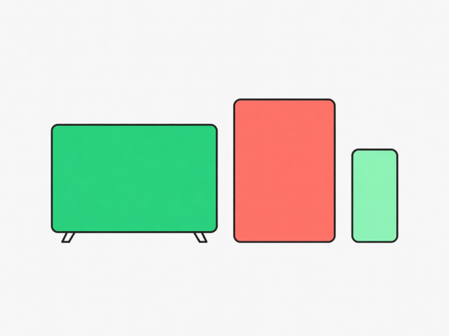 Flat vector illustration of a television, tablet and smartphone side by side in green, coral and mint