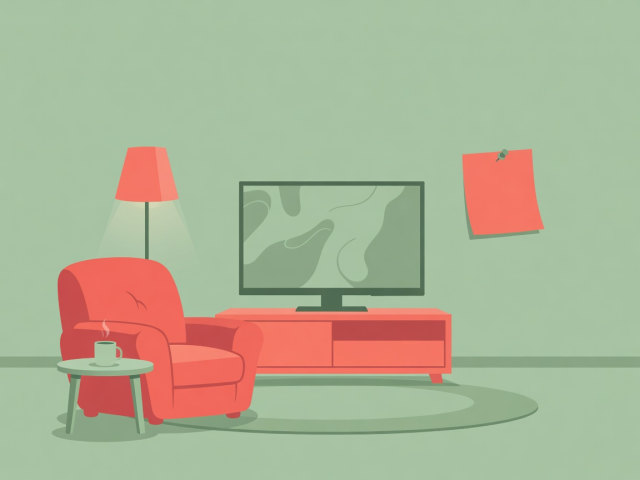 Flat vector illustration of a cosy viewing room with a television and a pinned watchlist note in green and coral